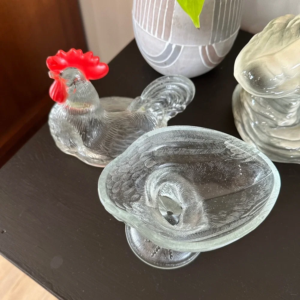 VTG Clear Glass Rooster Candy Dish Red Comb Pedestal Covered Compote Bowl MCM